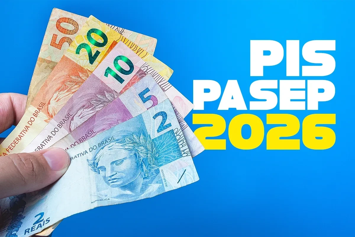Cédulas de real ao lado do texto PIS/Pasep 2026, representando os valores proporcionais do benefício.