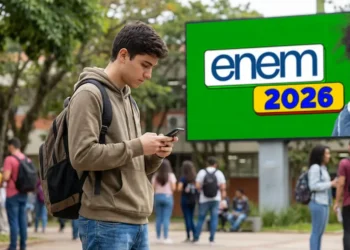 Estudante consulta celular em frente ao painel do Enem 2026, com destaque para a taxa de inscrição de R$ 85 e formas de pagamento.