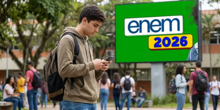 Estudante consulta celular em frente ao painel do Enem 2026, com destaque para a taxa de inscrição de R$ 85 e formas de pagamento.