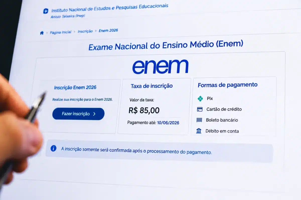 Irei inserir esta imagem na seção do texto que fala sobre:Enem 2026: taxa de inscrição e formas de pagamento. Descreva como devo preencher no WordPress os campos da imagem: alt text, título, legenda e descrição! Obs: Crie textos diferentes do que você já criou. Além disso comprima a imagem para no máximo 200kb, sem reduzir dimensões, e no formato Webp, nomeie o arquivo com base na legenda, e disponibilize o link para download Após efetuar a inscrição, o candidato recebe a guia de recolhimento da união (GRU), cujo valor em 2026 é de R$ 85. O pagamento da taxa precisa ser feito até o dia 10 de junho e pode ser realizado via Pix, cartão de crédito, débito ou boleto bancário. A quitação é possível em qualquer banco, casa lotérica ou aplicativo bancário, oferecendo variadas opções ao participante.A inscrição só será confirmada após o processamento do pagamento. Candidatos que obtiveram isenção da taxa ou estudantes da rede pública também precisam acessar o sistema para confirmar presença no exame. Quem teve o pedido de isenção negado ou a justificativa de ausência reprovada deve realizar o pagamento normalmente para validar a inscrição.
