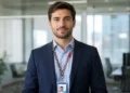 Profissional em ambiente corporativo moderno usando crachá, representando inclusão de pessoas com autismo no mercado de trabalho.