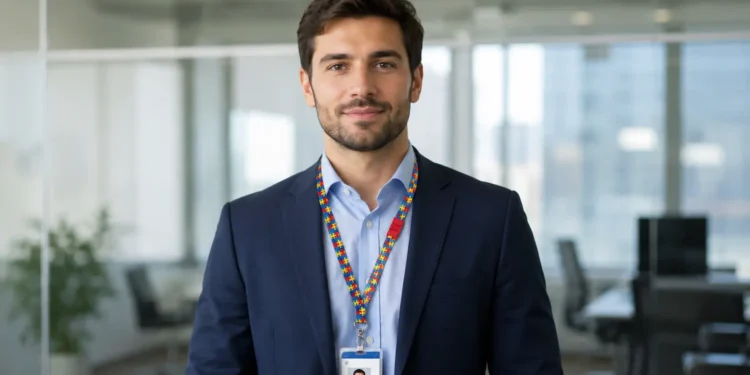 Profissional em ambiente corporativo moderno usando crachá, representando inclusão de pessoas com autismo no mercado de trabalho.
