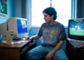 Jovem usa computador antigo de tubo ao lado de TV de tubo exibindo futebol