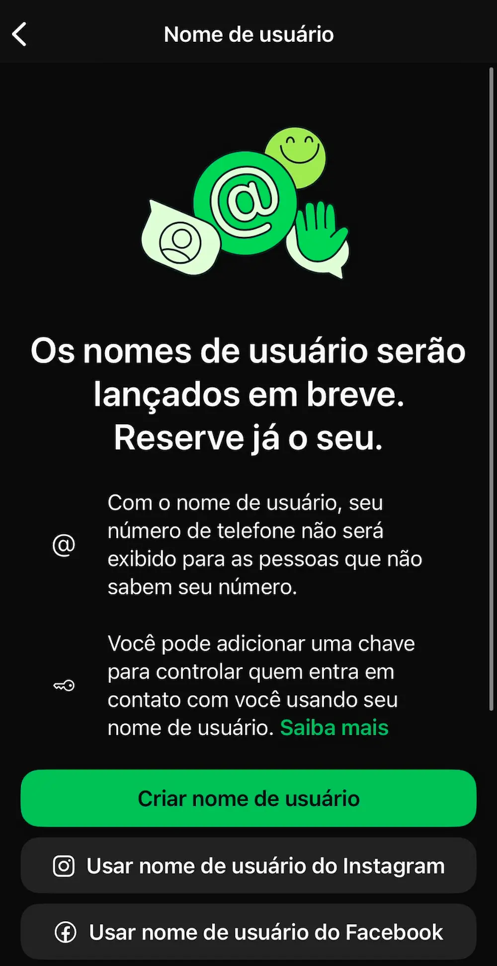 WhatsApp mostra nova área de criação de nome de usuário em testes Tela do WhatsApp exibindo a seção de criação de nome de usuário com opções de configuração e importação de @.