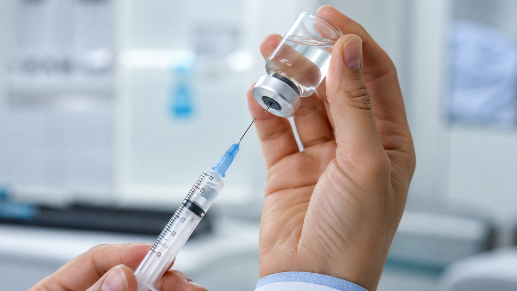 Mão retirando líquido de vacina com seringa, em imagem relacionada à suspensão da vacina contra dengue após 42 casos de alerta.