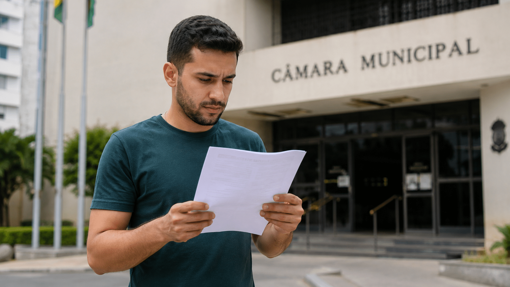 Jovem de camiseta verde lê atentamente papel em frente ao prédio da Câmara Municipal.