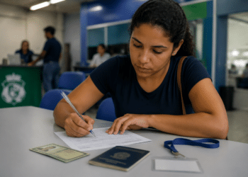 Mulher de camiseta azul marinho preenche formulário com caneta em balcão, ao lado de passaporte brasileiro e RG.