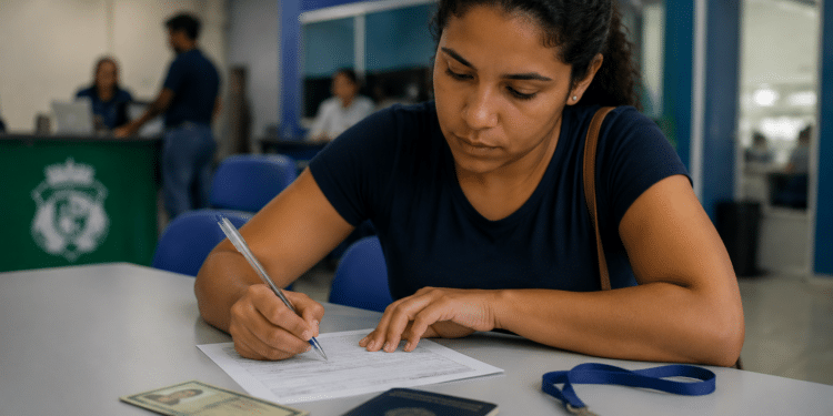 Mulher de camiseta azul marinho preenche formulário com caneta em balcão, ao lado de passaporte brasileiro e RG.