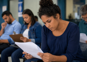 Quatro pessoas sentadas analisando papéis em sala de espera com ambiente azul e bancos enfileirados.