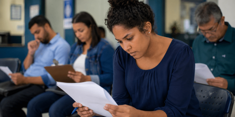 Quatro pessoas sentadas analisando papéis em sala de espera com ambiente azul e bancos enfileirados.
