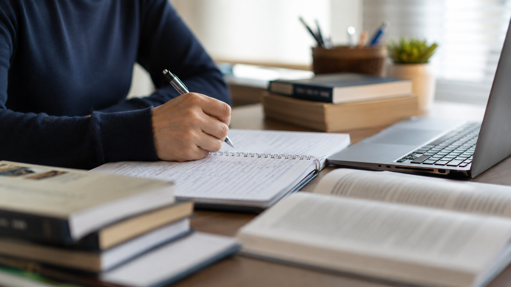 Pessoa escreve em caderno com livros e notebook ao redor, representando preparação para concursos de Câmaras Municipais.