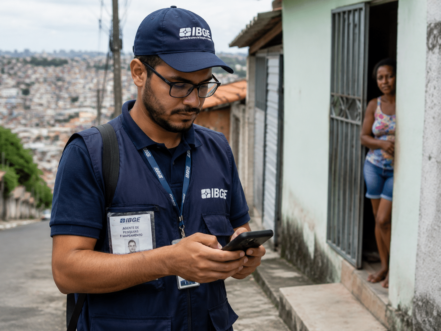 Agente de Pesquisas do IBGE com uniforme azul consulta celular enquanto moradora aguarda na porta de residência.