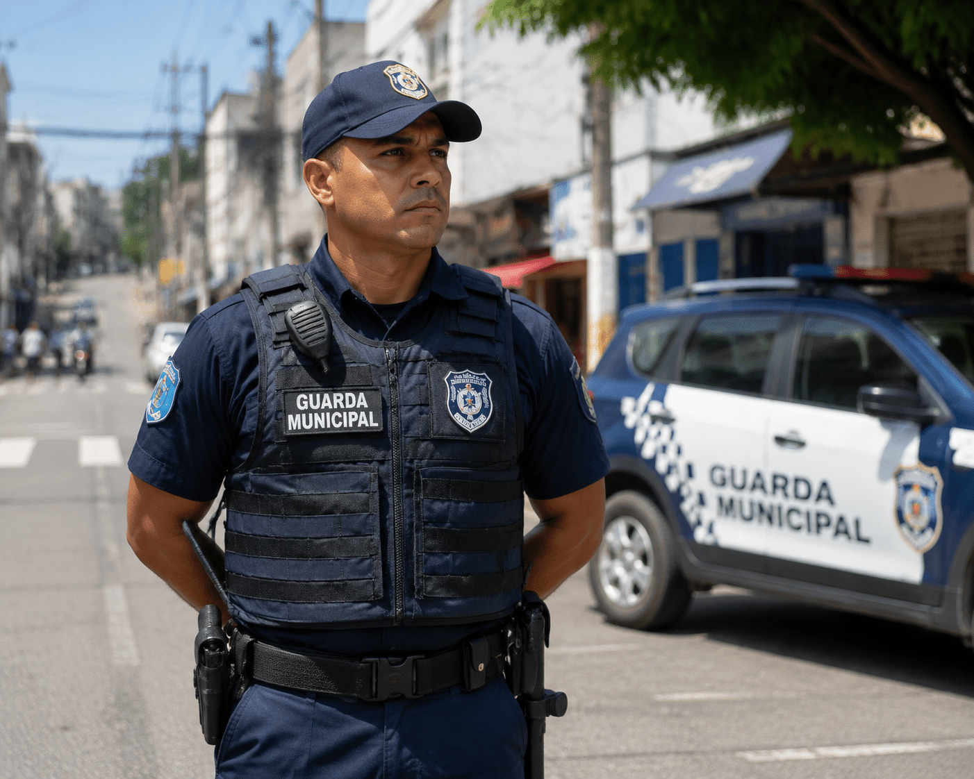 Agente da Guarda Municipal com colete balístico azul marinho, boné e rádio, ao lado de viatura branca e azul em rua comercial.