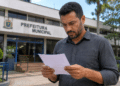 Homem analisando documento em frente a prédio de prefeitura municipal.
