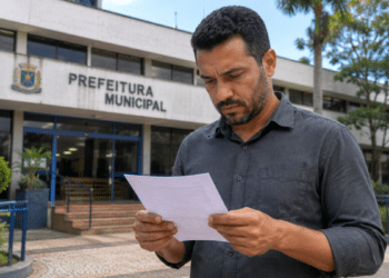 Homem analisando documento em frente a prédio de prefeitura municipal.