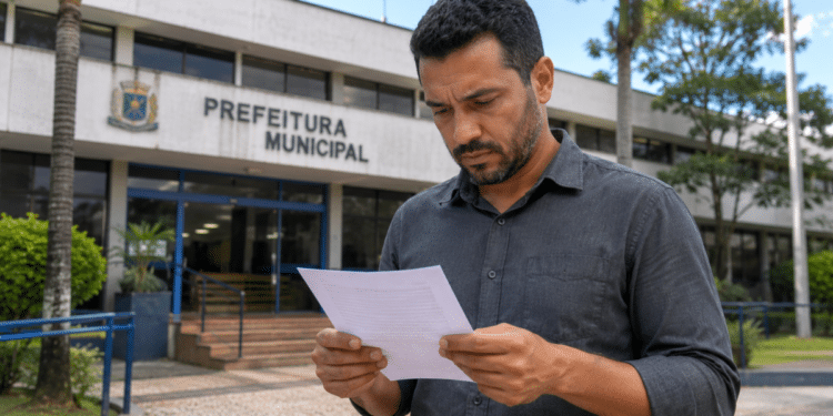 Homem analisando documento em frente a prédio de prefeitura municipal.
