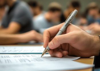 Candidato preenchendo prova em sala de aula, representando seleção da Prefeitura de Porto Alegre.