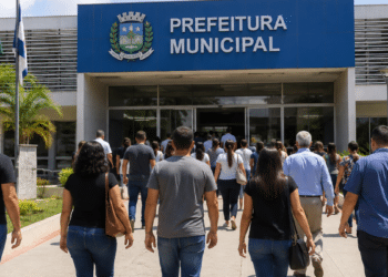 Grupo de pessoas caminha em direção à Prefeitura Municipal em imagem sobre concursos com salários acima de R$ 7 mil.