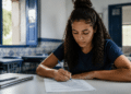 Jovem mulher preenchendo formulário de inscrição em concurso público em ambiente de estudo.