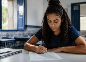 Jovem mulher preenchendo formulário de inscrição em concurso público em ambiente de estudo.
