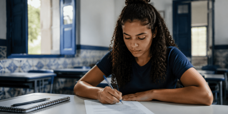 Jovem mulher preenchendo formulário de inscrição em concurso público em ambiente de estudo.