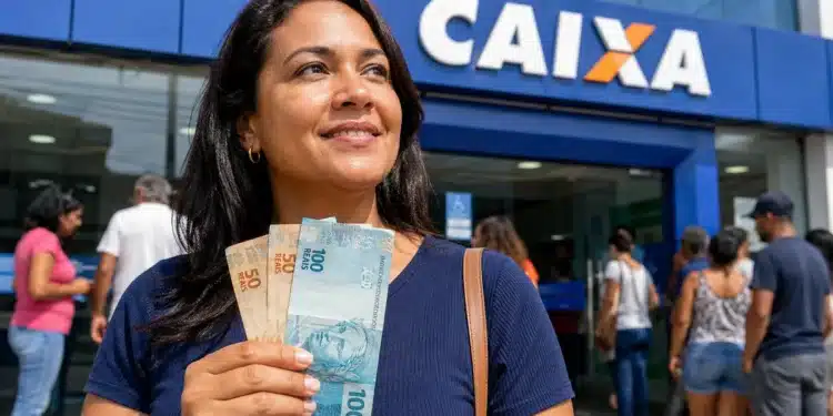 Mulher segura cédulas de real em frente a uma agência da Caixa, representando a liberação ou solicitação do valor de R$ 2.900.