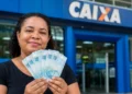 Mulher segura cédulas de R$ 100 em frente a uma agência da Caixa, representando o valor de R$ 6.220 disponível para CPFs de final 0 a 9.