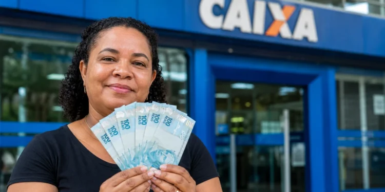 Mulher segura cédulas de R$ 100 em frente a uma agência da Caixa, representando o valor de R$ 6.220 disponível para CPFs de final 0 a 9.