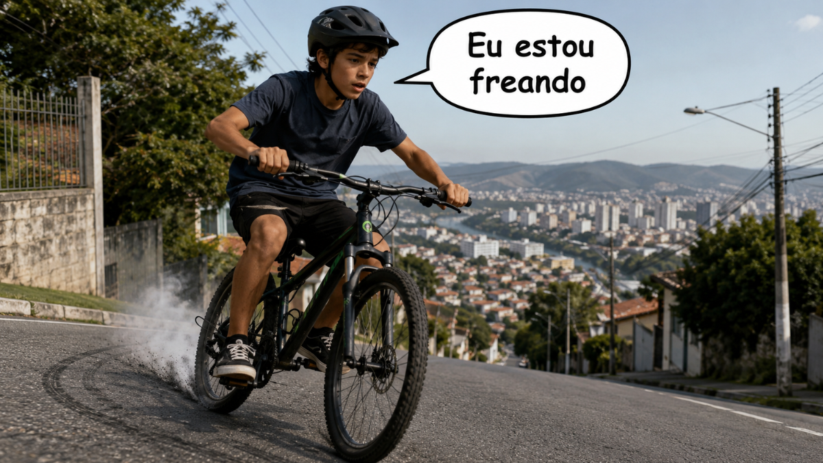 Adolescente freia bicicleta ao descer uma ladeira, com balão de fala escrito “Eu estou freando”.