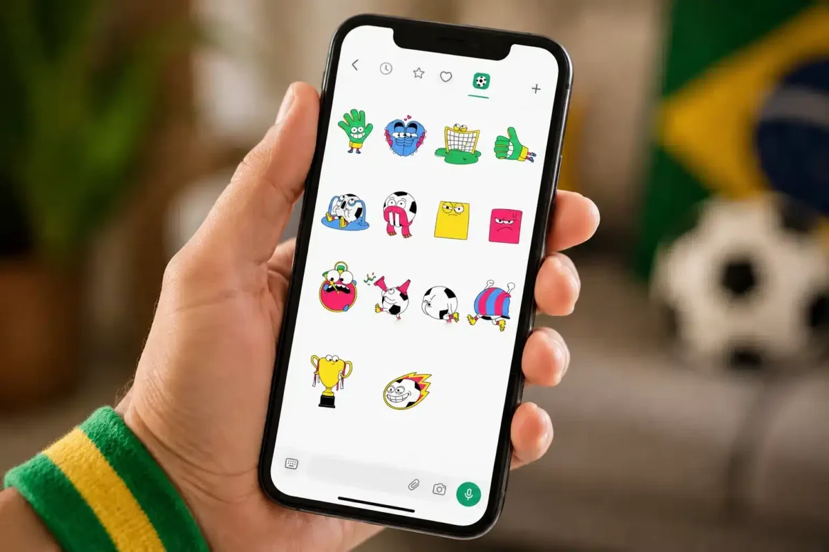Mão segurando smartphone com figurinhas animadas da Copa do Mundo 2026 no WhatsApp, incluindo emojis de bola, chuteira, cartões e troféu.