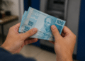 Mãos segurando três notas de 100 reais próximas a caixa eletrônico azul.