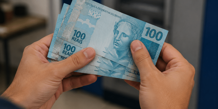 Mãos segurando três notas de 100 reais próximas a caixa eletrônico azul.