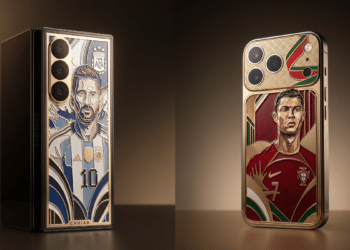 Celular Samsung personalizado com Messi, edição Caviar Argentina, e iPhone de luxo com Cristiano Ronaldo, edição Caviar Portugal.