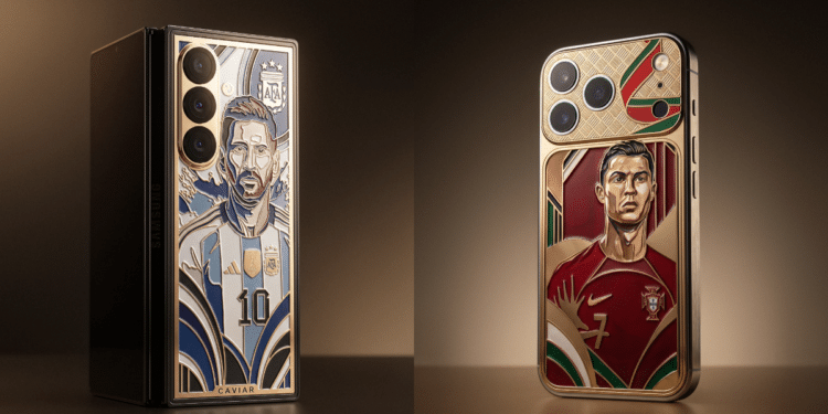 Celular Samsung personalizado com Messi, edição Caviar Argentina, e iPhone de luxo com Cristiano Ronaldo, edição Caviar Portugal.