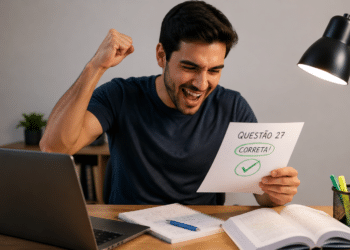 Homem jovem vibra sorrindo ao segurar prova com “Questão 27 correta” ao lado de notebook e livros.