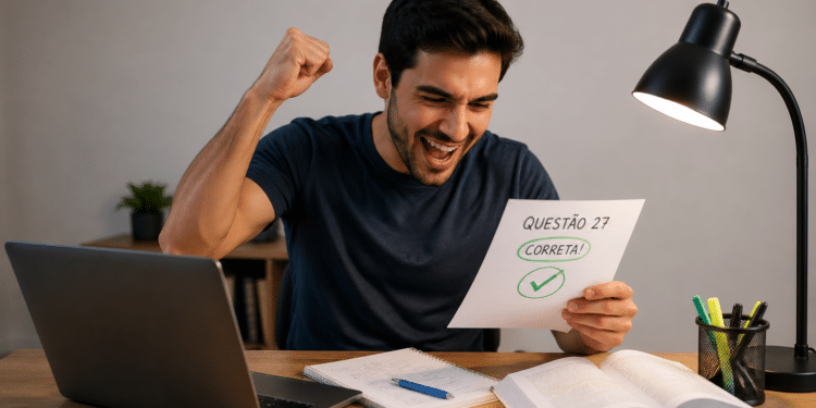 Homem jovem vibra sorrindo ao segurar prova com “Questão 27 correta” ao lado de notebook e livros.
