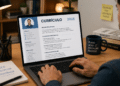 Homem escreve no laptop com currículo aberto, caneca e anotações de foco na mesa de escritório.