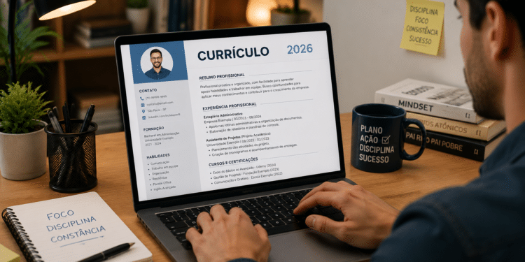 Homem escreve no laptop com currículo aberto, caneca e anotações de foco na mesa de escritório.