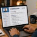 Homem escreve no laptop com currículo aberto, caneca e anotações de foco na mesa de escritório.