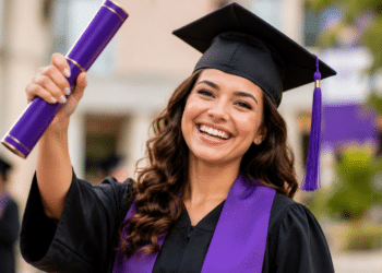 Jovem sorridente com beca preta e faixa roxa segura diploma durante cerimônia ao ar livre.