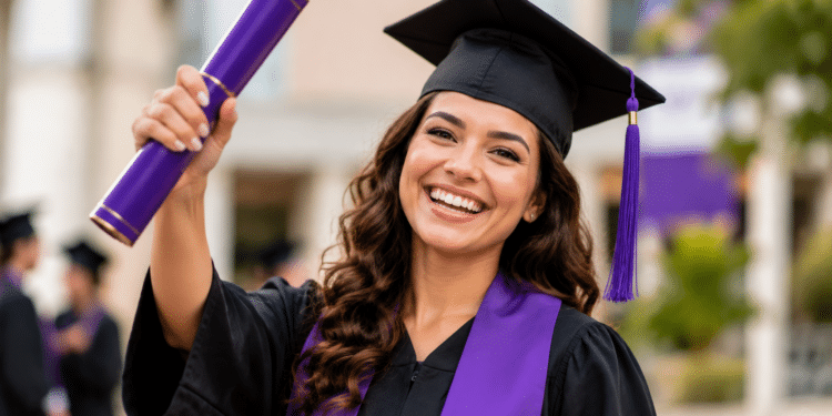 Jovem sorridente com beca preta e faixa roxa segura diploma durante cerimônia ao ar livre.