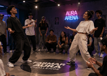 Dois jovens dançando no centro de roda, rodeados por grupo sorridente, tapete escrito FARMAR AURA Challenge, letreiro Aura Arena ao fundo.