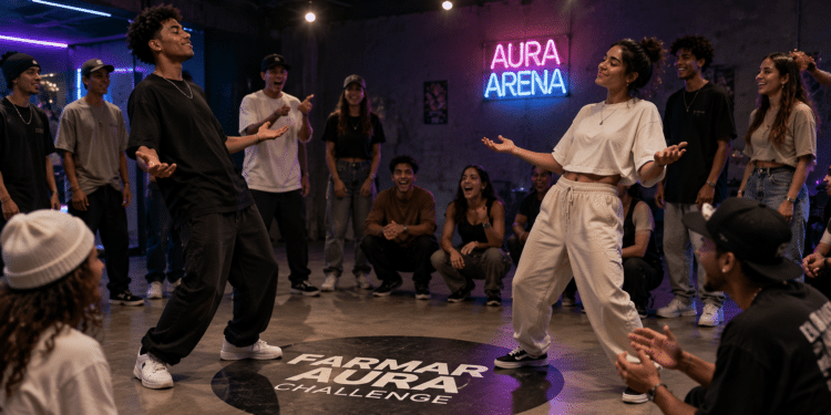 Dois jovens dançando no centro de roda, rodeados por grupo sorridente, tapete escrito FARMAR AURA Challenge, letreiro Aura Arena ao fundo.