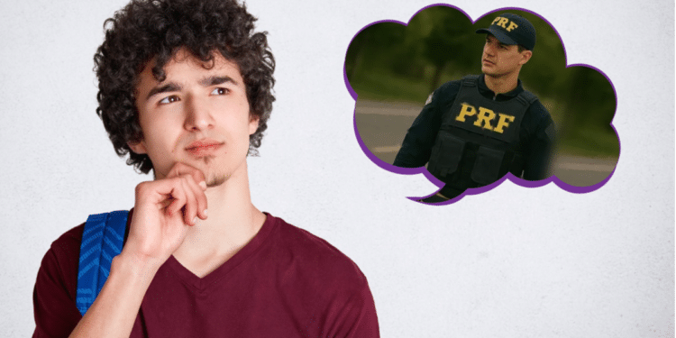 Rapaz de camiseta vinho pensa enquanto visualiza policial da PRF em balão de pensamento.