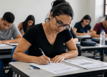 Mulher jovem de óculos preenchendo folha de respostas durante prova de concurso em sala com outros candidatos.