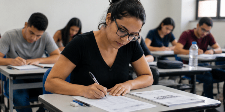 Mulher jovem de óculos preenchendo folha de respostas durante prova de concurso em sala com outros candidatos.