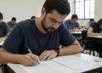 Homens e mulheres adultos respondendo teste de múltipla escolha em sala iluminada, com foco em homem preenchendo folha.