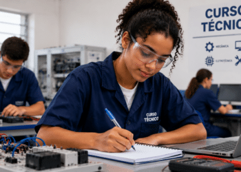 Jovem escrevendo em caderno ao lado de painel elétrico, notebook e instrumentos em sala de curso técnico.