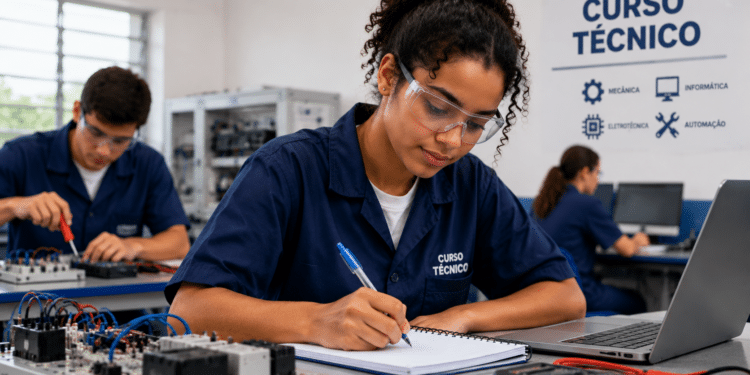 Jovem escrevendo em caderno ao lado de painel elétrico, notebook e instrumentos em sala de curso técnico.