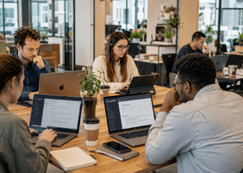 Grupo diverso de seis pessoas reunidas em coworking moderno, usando laptops abertos no ChatGPT.
